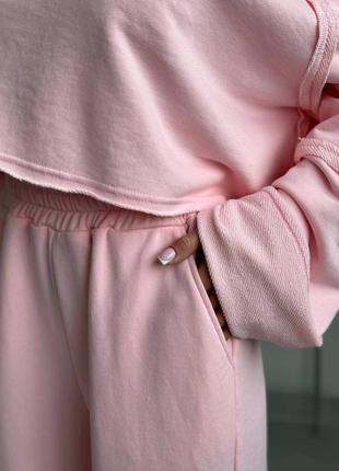 Женский костюм весна (брюки+свитшот) высокая посадка, укороченный верх. цвет: розовый, беж 
▪️см; мл5 фото