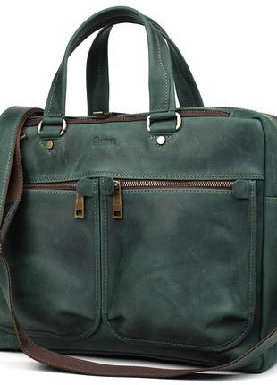 Мужская кожаная деловая сумка зеленая re-4664-4lx tarwa на два отделения 15"6 фото