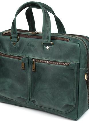Мужская кожаная деловая сумка зеленая re-4664-4lx tarwa на два отделения 15"4 фото