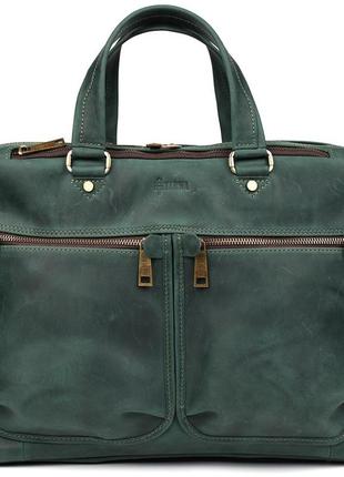 Мужская кожаная деловая сумка зеленая re-4664-4lx tarwa на два отделения 15"5 фото