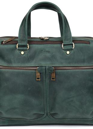 Мужская кожаная деловая сумка зеленая re-4664-4lx tarwa на два отделения 15"3 фото