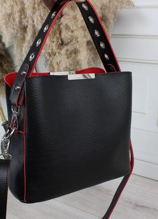 Жіноча стильна та якісна сумка з еко шкіри на 3 відділи чорна з червоним4 фото