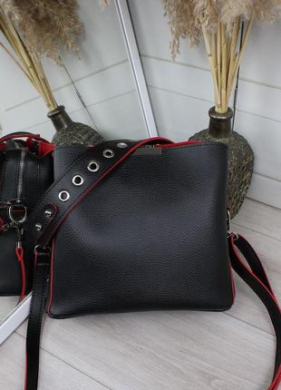 Женская стильная и качественная сумка из эко кожи на 3 отдела черная с красным