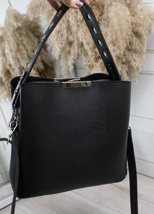 Жіноча стильна та якісна сумка з еко шкіри на 3 відділи чорна7 фото
