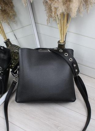 Жіноча стильна та якісна сумка з еко шкіри на 3 відділи чорна1 фото