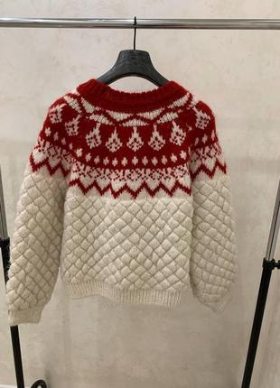 Вязаний светр джемпер оверсайз zara новорічний візерунок червоний бежевий6 фото