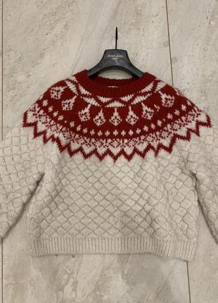 Вязаный свитер джемпер оверсайз zara новогодний узор красный бежевый9 фото
