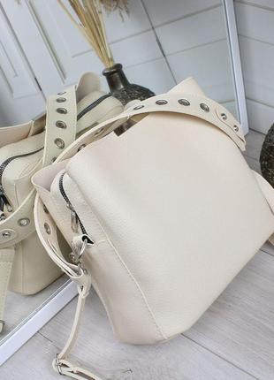 Женская стильная и качественная сумка из эко кожи на 3 отдела бежевая6 фото