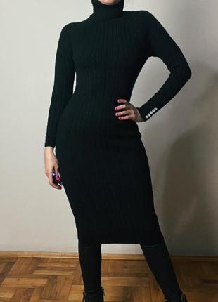 Черное трикотажное вязанное платье с длинными рукавами и гольфом2 фото