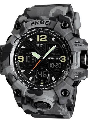Часы наручные мужские skmei 1155bcmgy, армейские часы противоударные. цвет: серый камуфляж