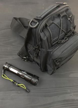 Набор: армейская черная сумка + фонарь тактический профессиональный police bl-x71-p50