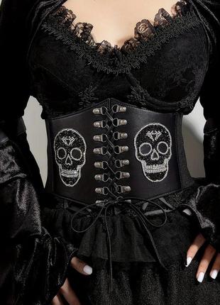 Чорний жіночий широкий масивний ремінь-корсет на сукню з черепом готичний арт 40491 фото