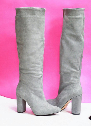 Сапоги трубы из натуральной серой замши на высоком каблуке 6см