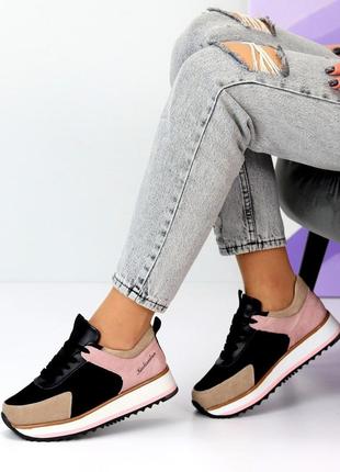 Модные черные розовые комбинированные женские кроссовки натуральная замша3 фото