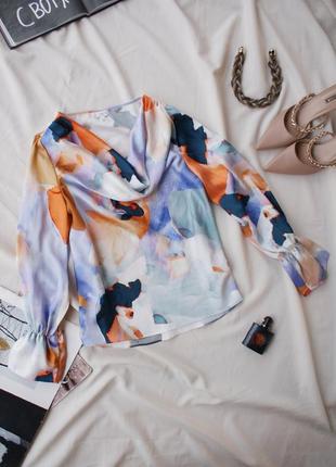 Брендовая атласная блуза с драпировкой модный принт9 фото