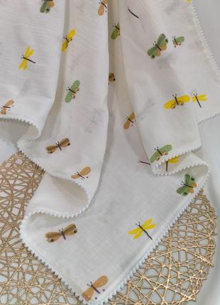 Мусліновий плед з метеликами для новонароджених, оброблений тасьмою, розмір 80*100 (#5987)2 фото
