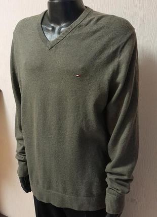 Фирменный хлопковый пуловер хвета хаки с добавлением кашемира tommy hilfiger3 фото