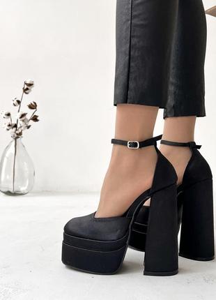 Женские туфли на высоком каблуке, черные, атлас3 фото