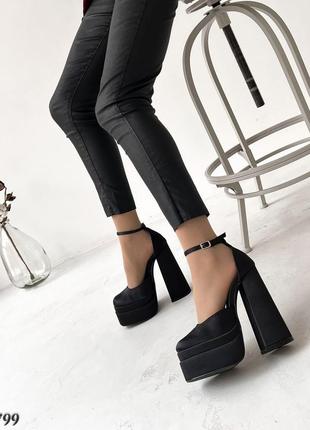 Женские туфли на высоком каблуке, черные, атлас7 фото