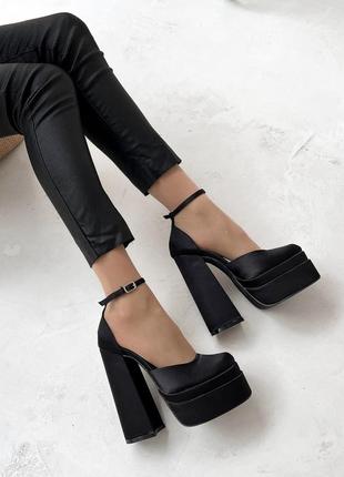 Женские туфли на высоком каблуке, черные, атлас4 фото