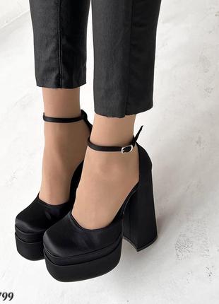 Женские туфли на высоком каблуке, черные, атлас5 фото