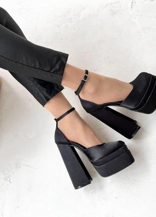 Женские туфли на высоком каблуке, черные, атлас6 фото