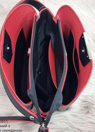 Женская стильная и качественная сумка из искусственной кожи на 3 отдела черная с красным9 фото