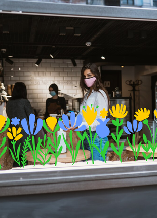 Наклейка вінілова інтер'єрна декор на вікно (вітрину, скло, дзеркало) "квіти. жовто-сині квіти"1 фото