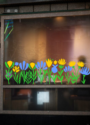Наклейка вінілова інтер'єрна декор на вікно (вітрину, скло, дзеркало) "квіти. жовто-сині квіти"2 фото