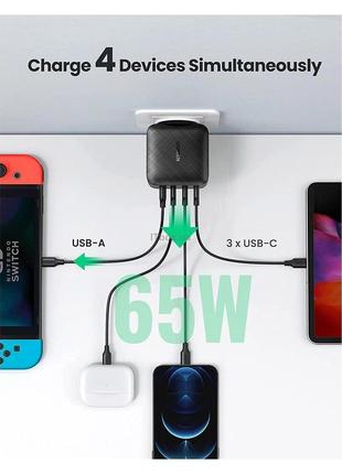 Зарядний пристрій ugreen cd224 65w usb + 3xtype-c pd gan charger2 фото