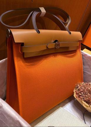 Сумка hermes herbag коричневая полотно оранжевое серебро фурнитура 31*26