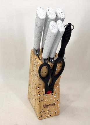 Набор ножей rainberg rb-8806 на 8 предметов с ножницами и подставкой, из нержавеющей стали. цвет: белый4 фото