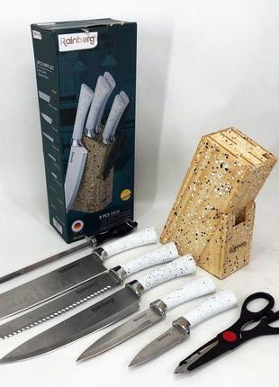 Набор ножей rainberg rb-8806 на 8 предметов с ножницами и подставкой, из нержавеющей стали. цвет: белый10 фото