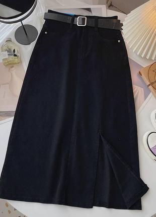 Длинная джинсовая юбка с разрезом, в комплекте с ремешком, в 4-х цветах2 фото
