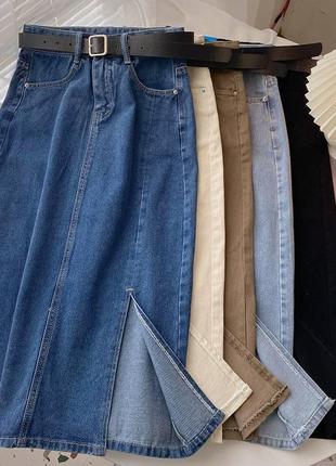 Длинная джинсовая юбка с разрезом, в комплекте с ремешком, в 4-х цветах6 фото