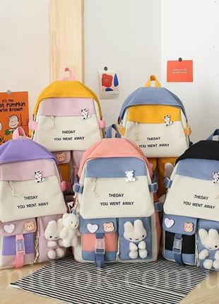 Рюкзак набор 5 в 1 для девочек 5-11 класс 44см в комплекте: клатч, сумка, кошелек, пенал, брелок-мишка розовый10 фото