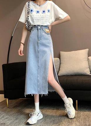 Модная длинная джинсовая юбка, с необработанным краем, с высокой талией и разрезом😻1 фото
