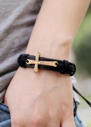 Шкіряний браслет хрест з молитвою чорний і коричневий