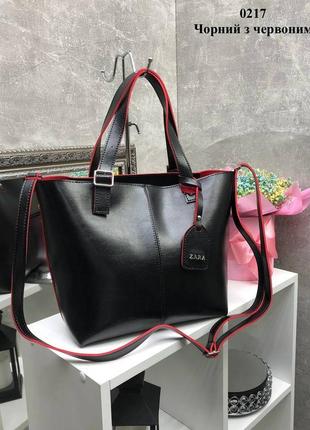 Жіноча стильна та якісна сумка з еко шкіри чорна з червоним1 фото