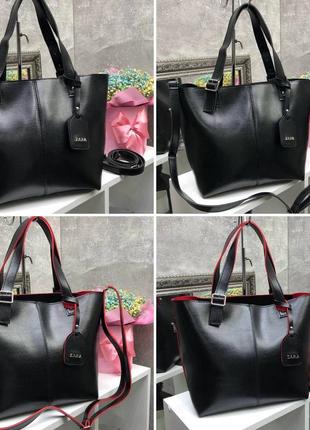 Жіноча стильна та якісна сумка з еко шкіри чорна з червоним9 фото