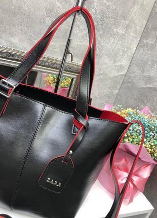 Женская стильная и качественная сумка из эко кожи черная с красным7 фото