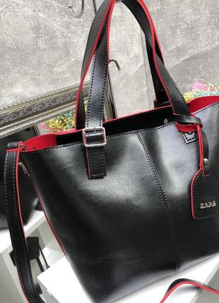 Женская стильная и качественная сумка из эко кожи черная с красным6 фото