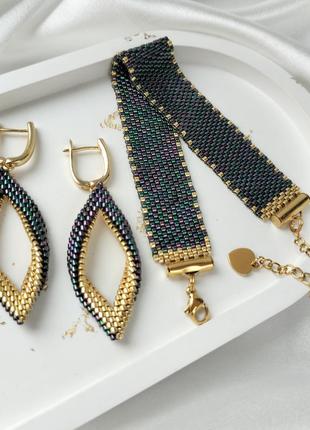 Набір браслет та сережки з японського бісеру золото чорний зелений1 фото