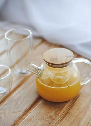 Скляний чайник для заварювання з бамбуковою кришкою