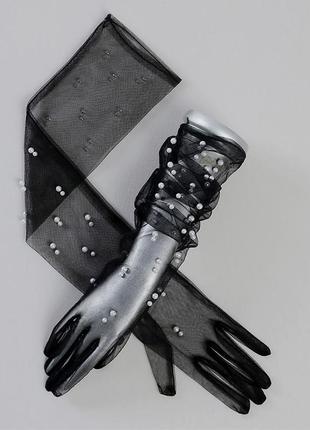 Рукавички перчатки сетка фатин з перлинами1 фото