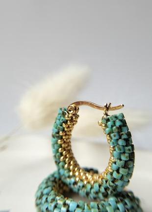 Серьги конго из японского бисера зеленое золото.