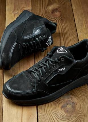 Чоловічі шкіряні кросівки з логотипом guess, мужкие кроссовки кожа нубук в чёрном цвете4 фото