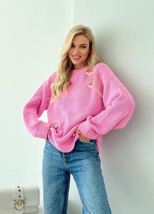 Стильний базовий вовняний светр оверсайз, подовжений з довгими рукавами, рожевий синій якісний трендовий