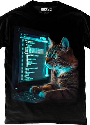 Футболка кот хакер программист - hacker cat - футболка унисекс черная