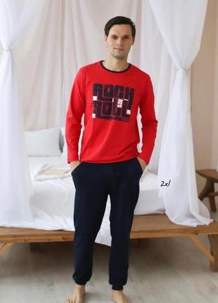 Мужская красная натуральная хлопковая пижама/домашний костюм кофта и штаны хл 52-541 фото